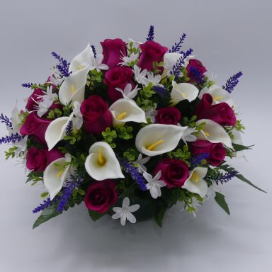 COMPOSITION ROSES ARUMS LAVANDE fuschia