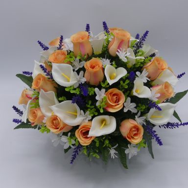 COMPOSITION ROSES ARUMS LAVANDE saumon